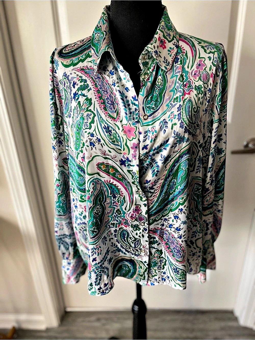 Zara Paisley Button Down in Green & White Size XXL NWT
